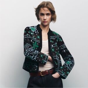 Zara EMBROIDERED BLOUSE CARDIGAN w/Contrasting Mirror Effect Beads BLACK NEW